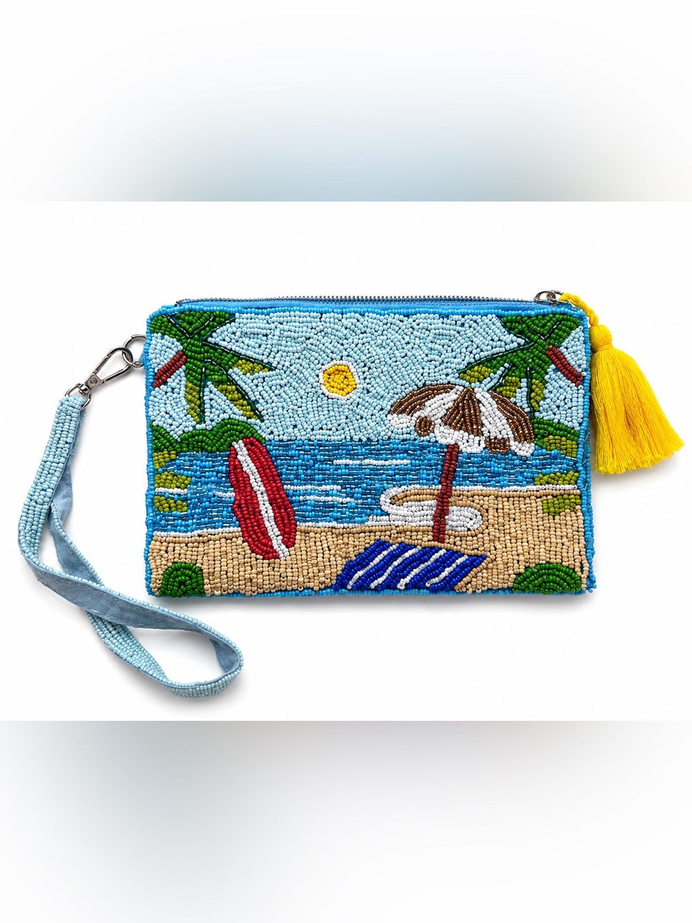 Sol & Mer Multicolor Beaded Beach Scene Wristlet Clutch with Yellow Tassel